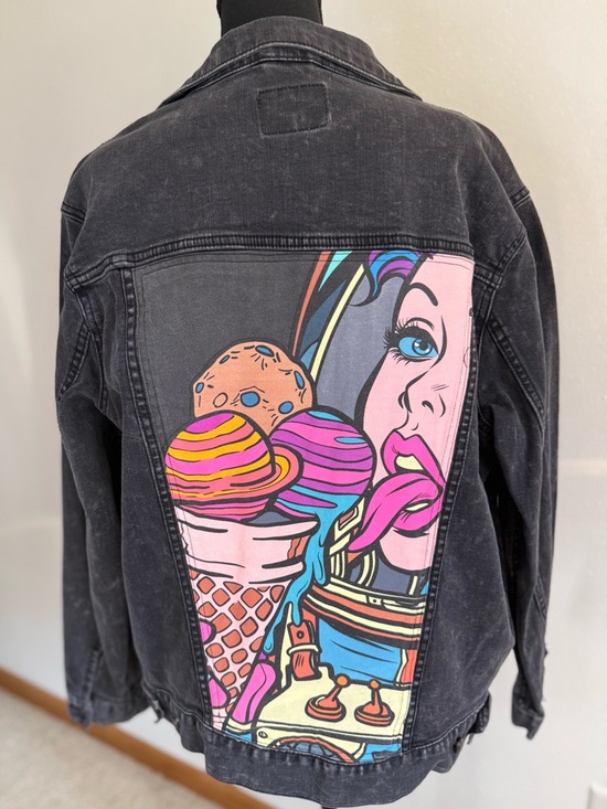Jackets & Blazers - Black Denim Pop Art Graphic Jacket Ice Cream Statement Large